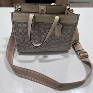 Coach Cream and Tan Shoulder Bag with Monogram Pattern